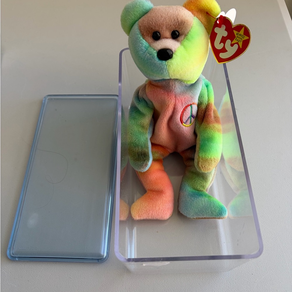 Ty Beanie Baby Peace Bear 1996 Multicolor With Case And Tag Protector